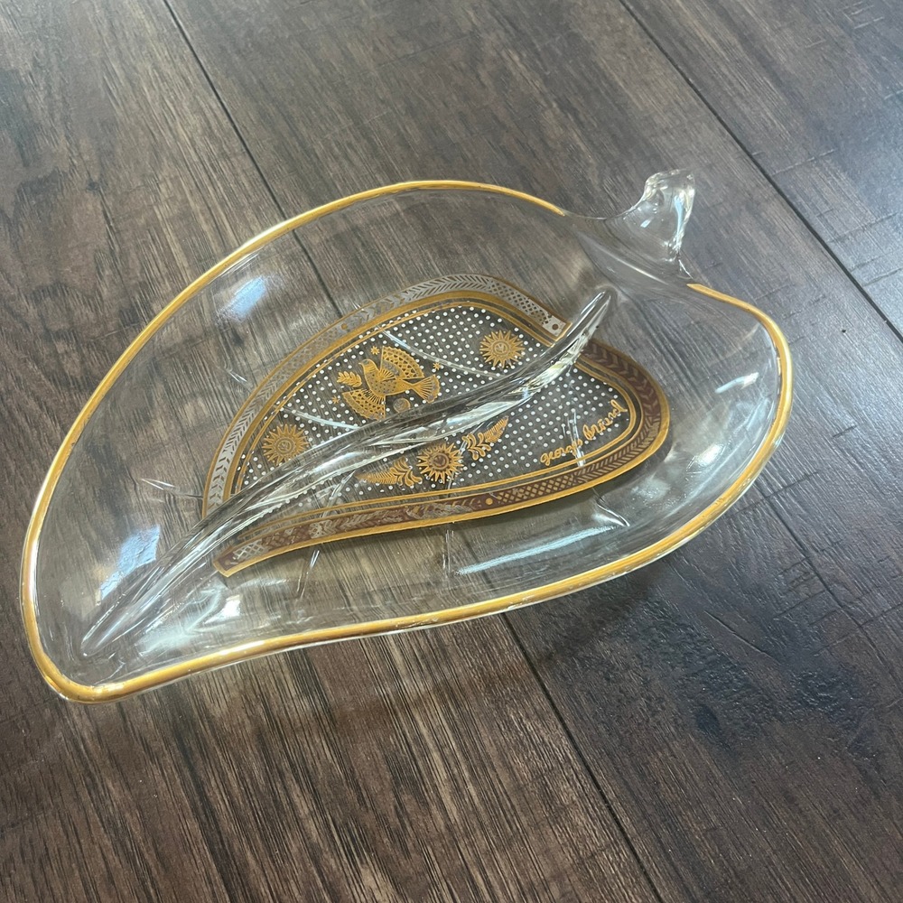 Georges Briard Vintage Glass Leaf Divided Dish Gold Rim Bird Sunburst MCM 8.5in